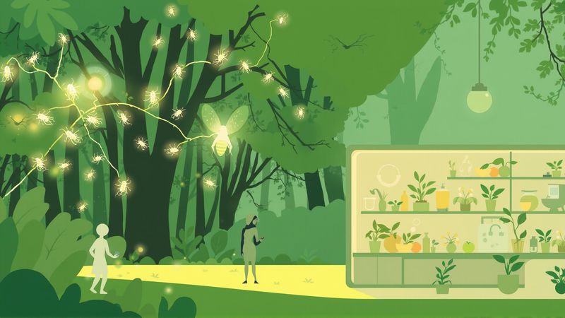 Insectos brillantes observan un bosque sereno