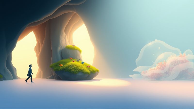 Una figura exploraba un mundo silencioso y luminoso