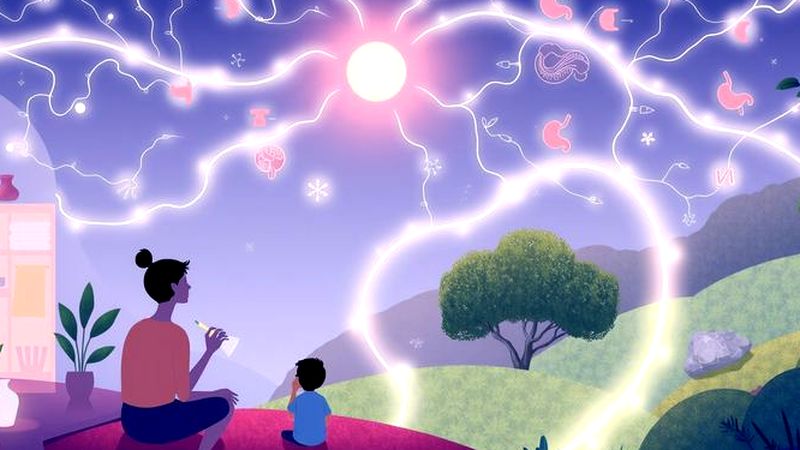 Un cerebro bioluminiscente observa un mundo pacífico