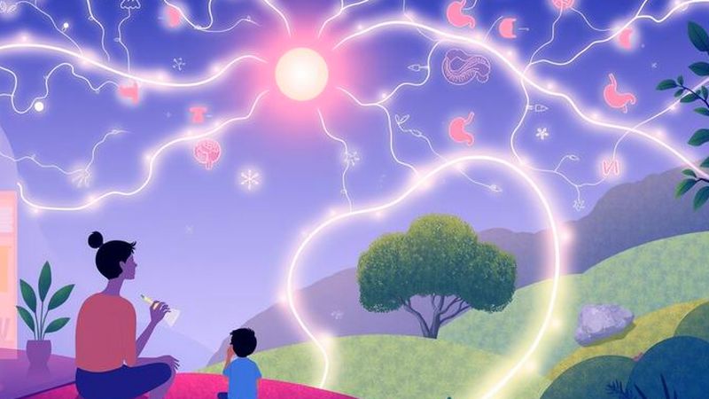 Un cerebro bioluminiscente observa un mundo pacífico