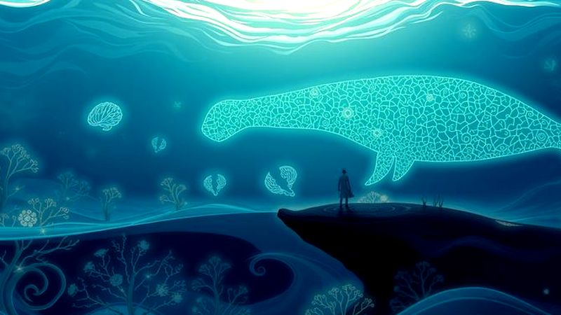 Un ser humano contempla mapas oceánicos luminosos