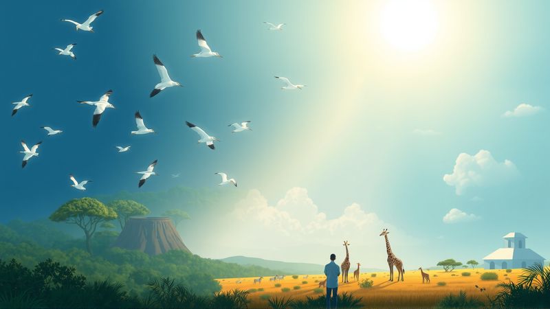 Estilizados pájaros y savana observan belleza serena