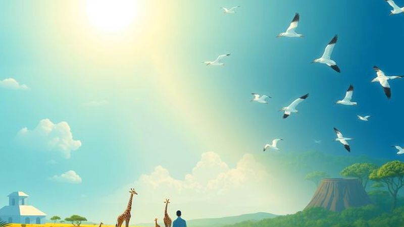 Estilizados pájaros y savana observan belleza serena