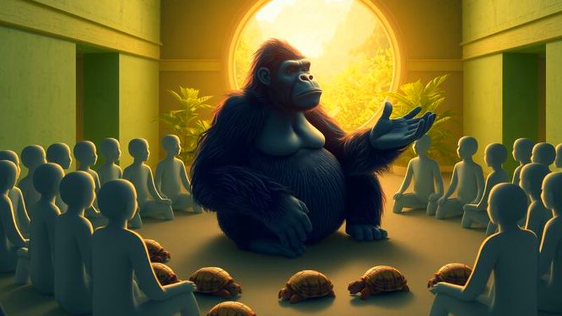 Un gorila guía a humanos serenos